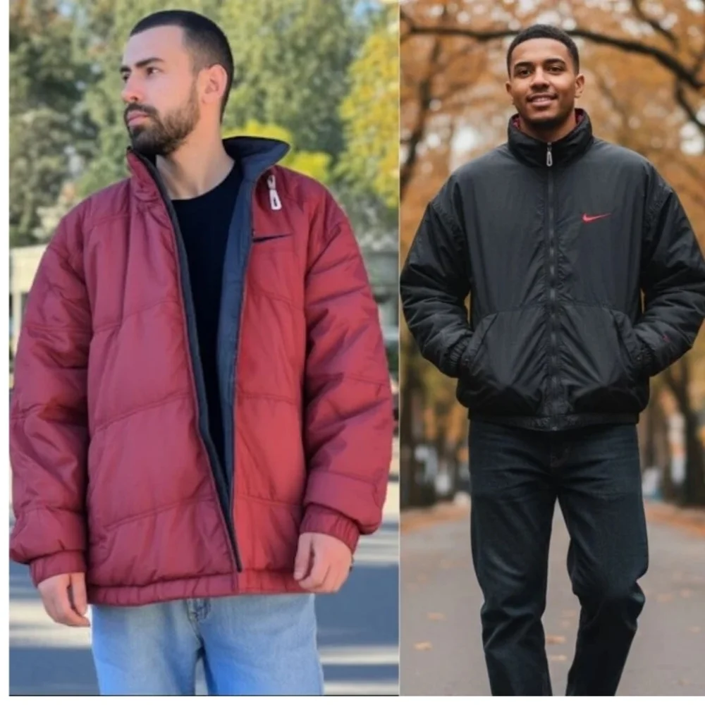 VTG Nike 90s Men's XXL Reversible Puffer Jacket Big Swoosh Logo Black/Burgundy
